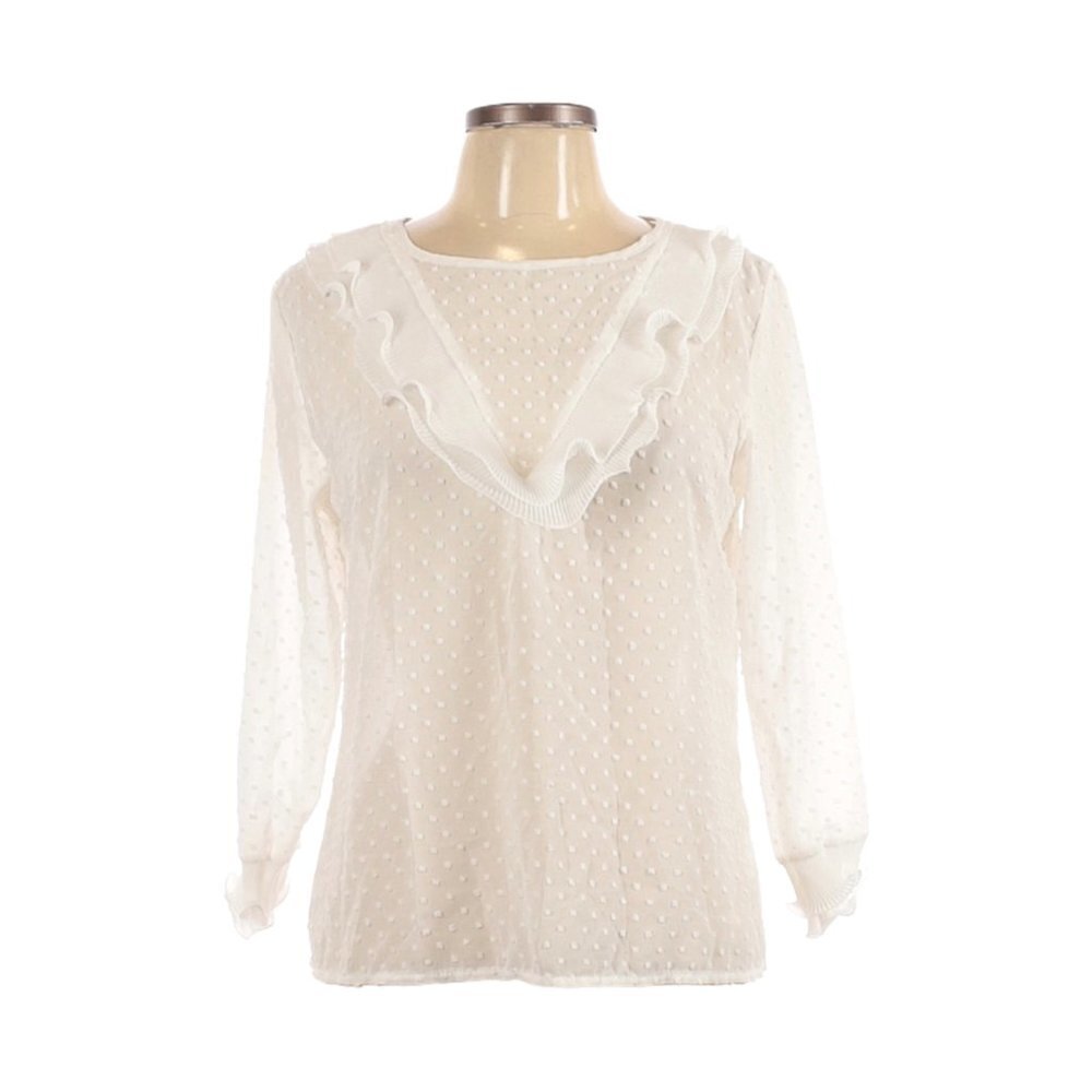 🌺 CBR Clipdot Sheer Exaggerated Ruffle White Prairie Long Sleeve Blouse L NWT